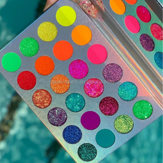 Palette de 24 fards colorés néons et paillettes